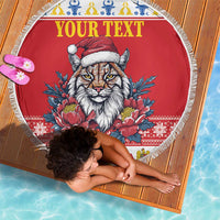 Red round beach blanket with fringed edge, 'Your Text' and lynx with floral wreath