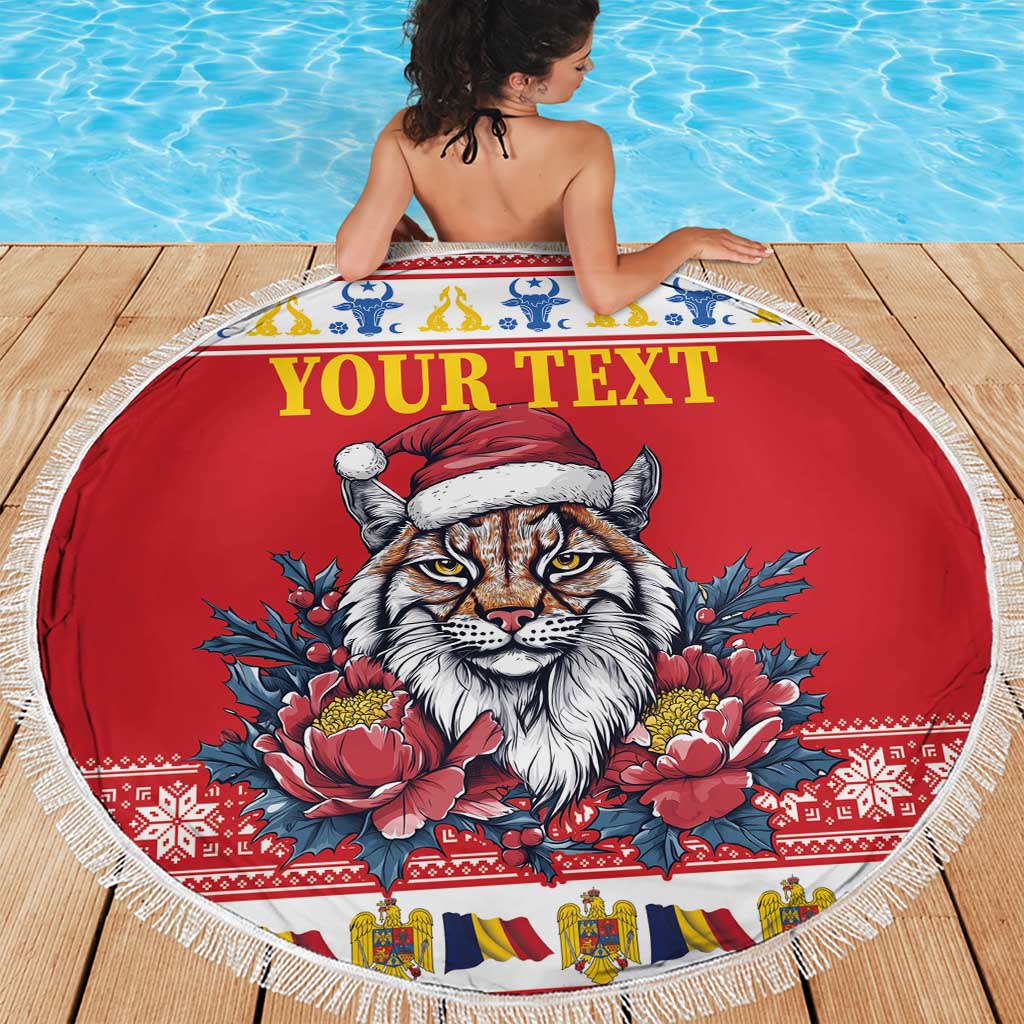 Round red beach blanket with fringed edge, 'Your Text' and lynx in Santa hat