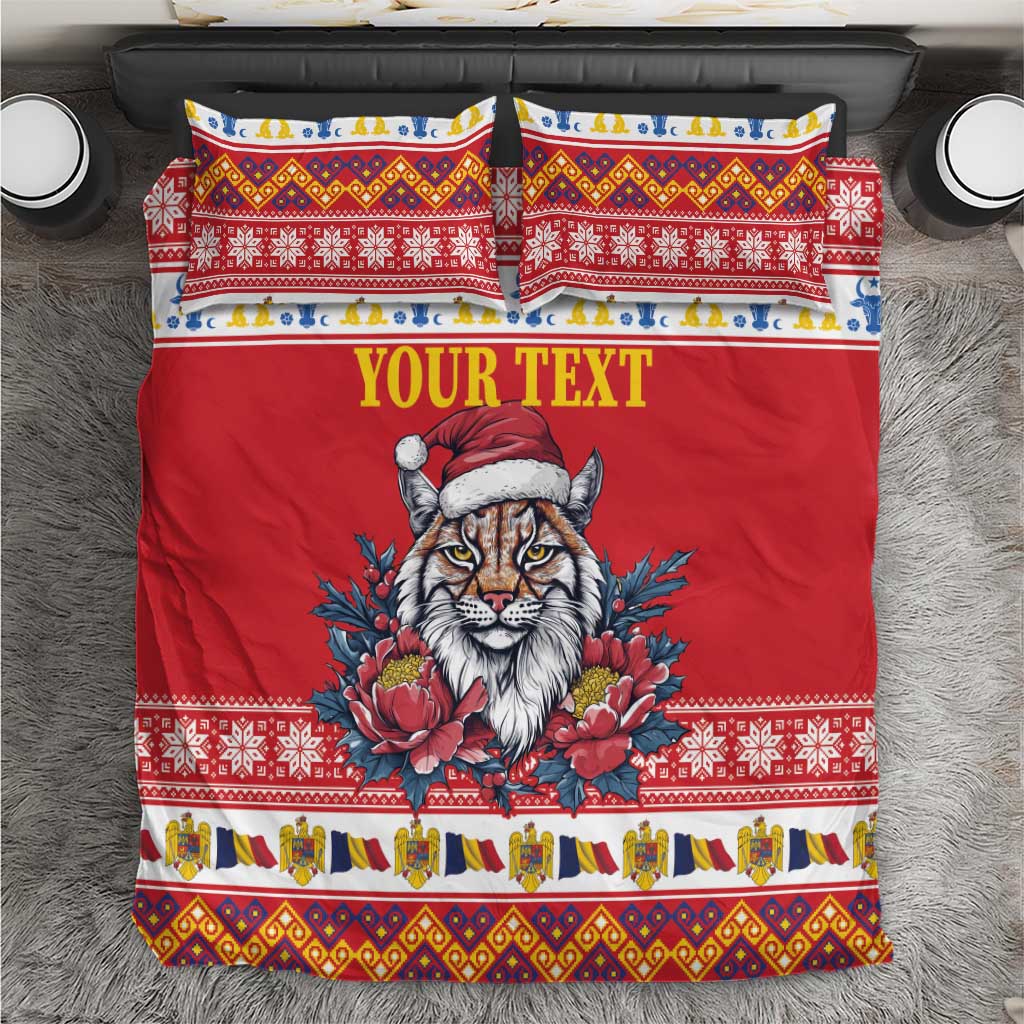 Personalized Romania Christmas Bedding Set Eurasian Lynx With Peony Flowers - Wonder Print Shop