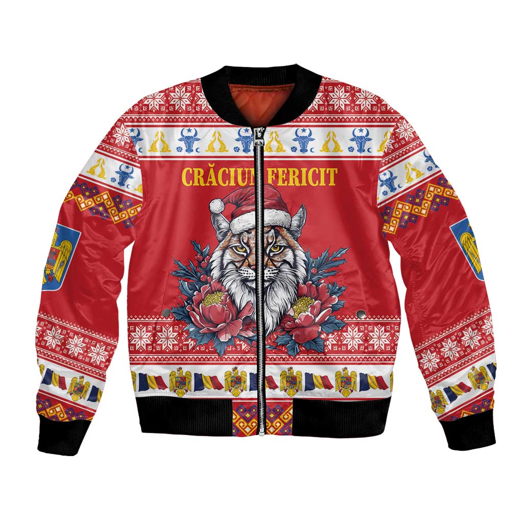 Red bomber jacket with front Eurasian lynx illustration and peony floral print