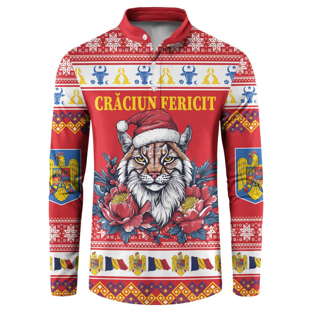 Red button-up sweatshirt with Romanian folk pattern and lynx Santa graphic.