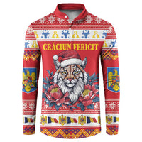Red button-up sweatshirt with Romanian folk pattern and lynx Santa graphic.