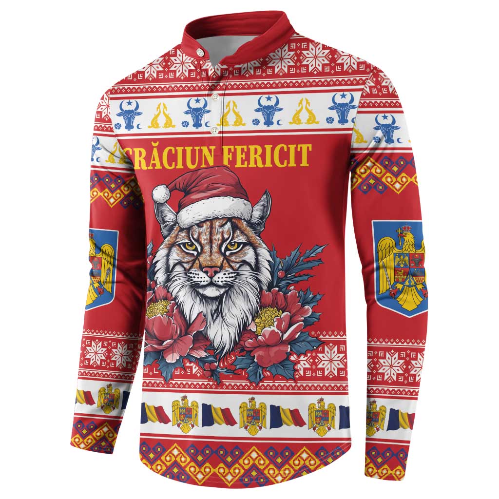 Red Christmas button sweatshirt with Eurasian lynx and peony print