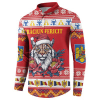 Red Christmas button sweatshirt with Eurasian lynx and peony print