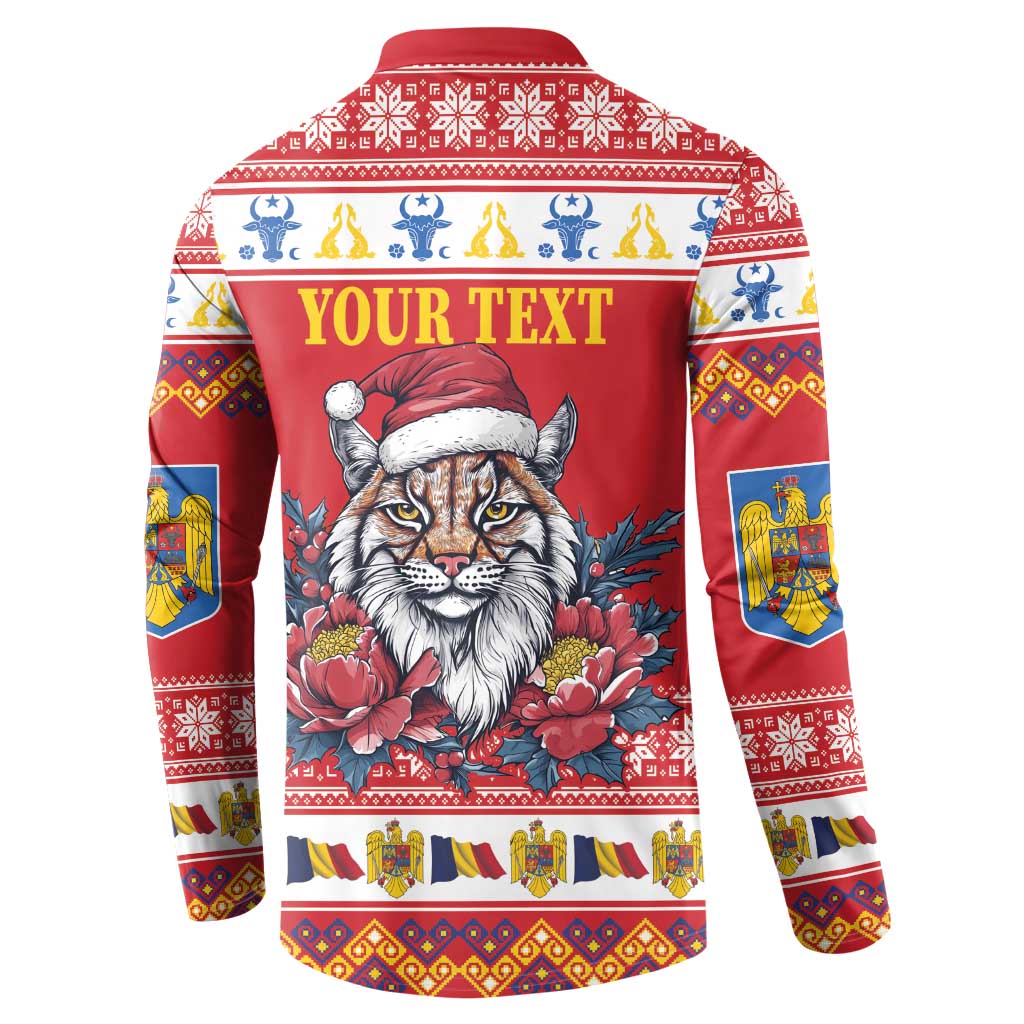 Red button sweatshirt back with 'YOUR TEXT' and lynx in Santa hat with peony flowers