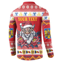 Red button sweatshirt back with 'YOUR TEXT' and lynx in Santa hat with peony flowers