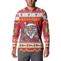 Red Christmas sweatshirt with button placket, lynx and floral graphic