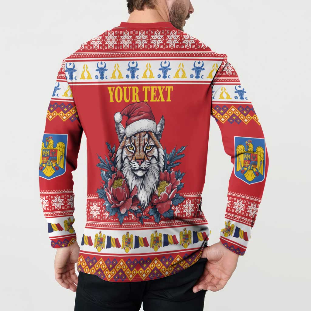 Red button sweatshirt back worn by model with 'YOUR TEXT' and lynx Santa hat peony detail