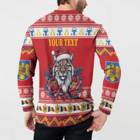 Red button sweatshirt back worn by model with 'YOUR TEXT' and lynx Santa hat peony detail