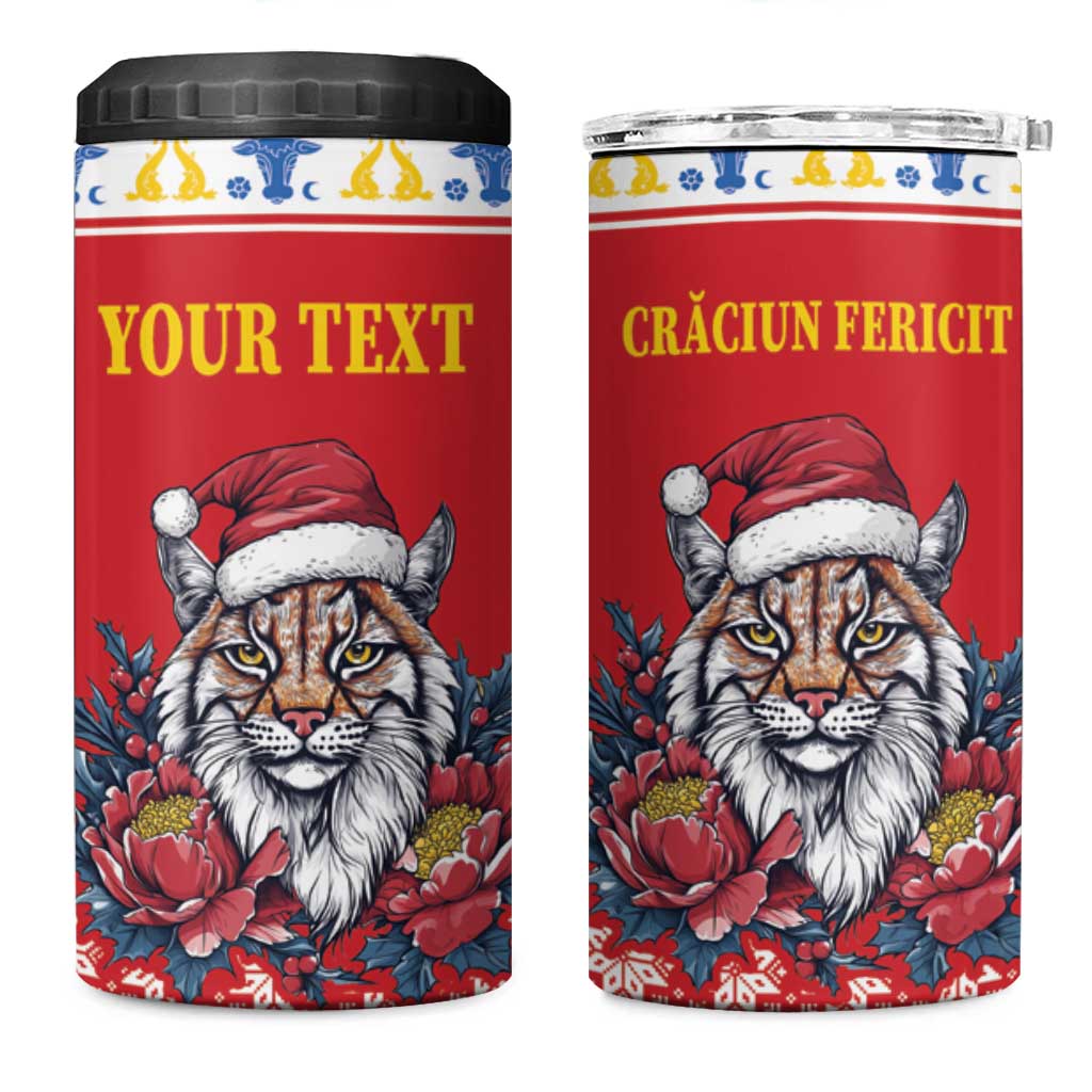 Personalized Romania Christmas 4 in 1 Can Cooler Tumbler Eurasian Lynx With Peony Flowers - Wonder Print Shop