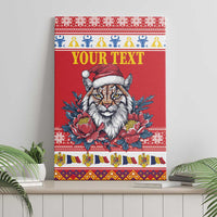 Red canvas wall art featuring Eurasian lynx in Santa hat with floral border, 'YOUR TEXT'