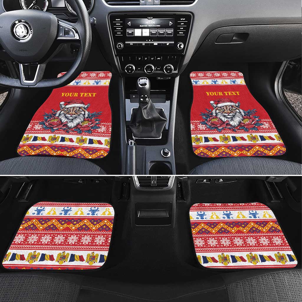 Personalized Romania Christmas Car Mats Eurasian Lynx With Peony Flowers - Wonder Print Shop