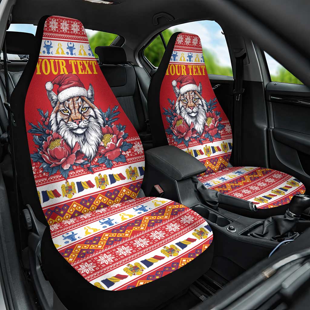 Personalized Romania Christmas Car Seat Cover Eurasian Lynx With Peony Flowers - Wonder Print Shop