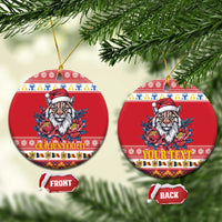 Red round ceramic Christmas ornament set with Eurasian lynx, Santa hat, peony flowers; front/back tags