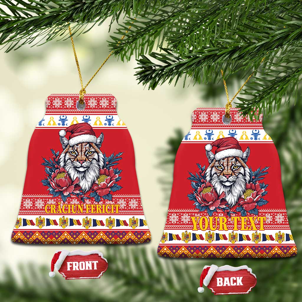 Red bell-shaped ceramic Christmas ornament with Eurasian lynx, Santa hat, peony flowers; front/back