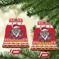 Red bell-shaped ceramic Christmas ornament with Eurasian lynx, Santa hat, peony flowers; front/back