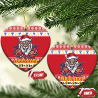 Red heart-shaped ceramic Christmas ornament with Eurasian lynx, Santa hat, peony flowers; front/back