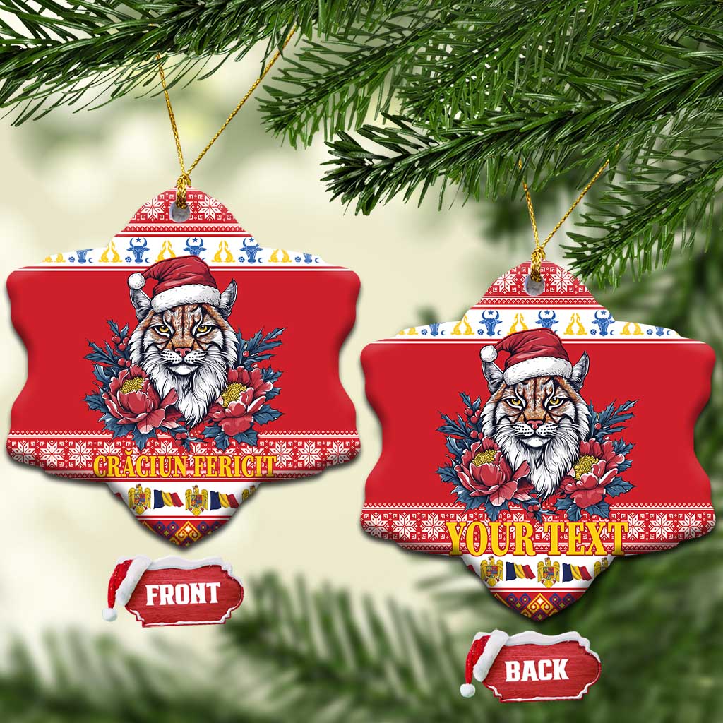 Red heart-shaped ceramic Christmas ornament featuring Eurasian lynx with Santa hat and peony flowers; front/back
