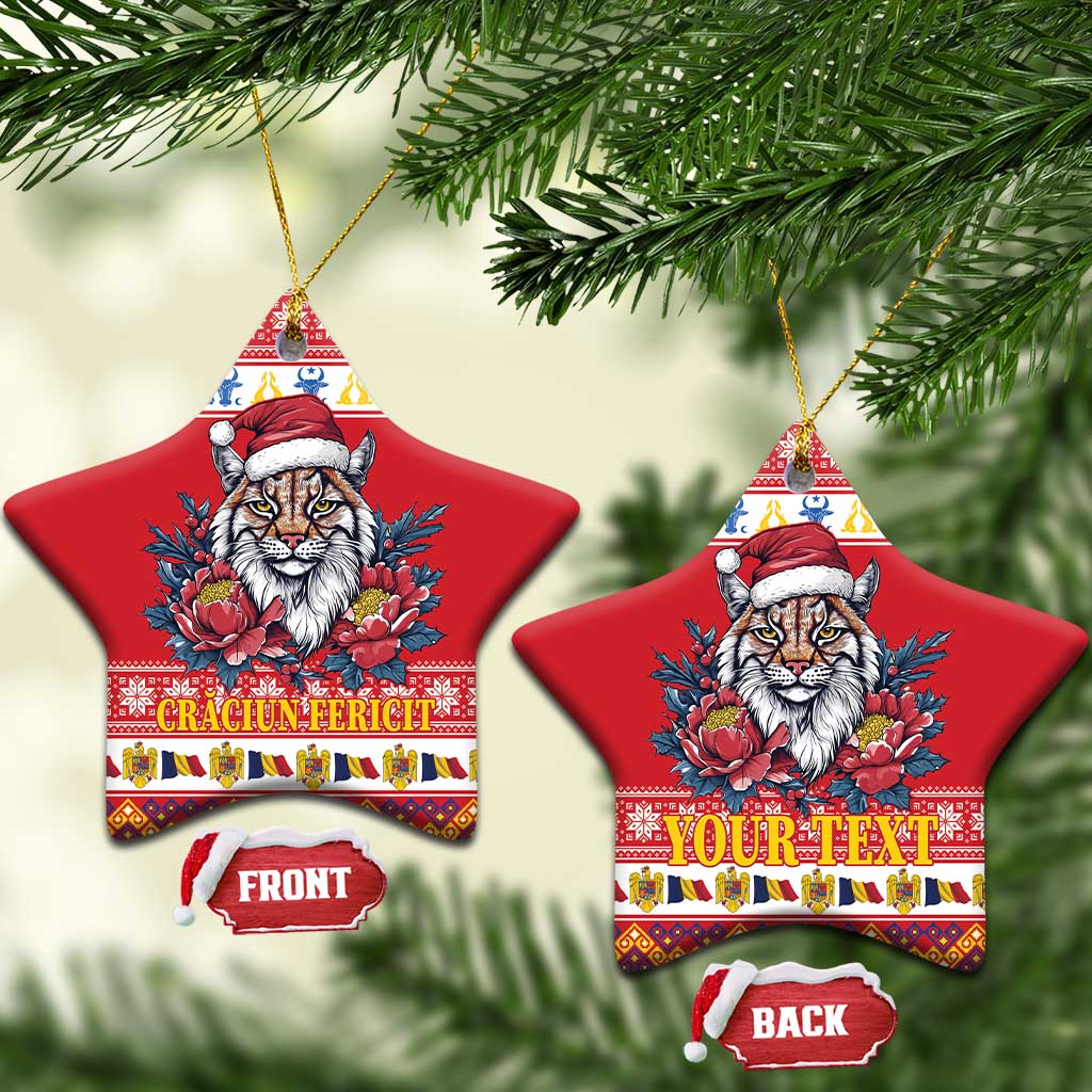 Red star-shaped ceramic Christmas ornament with Eurasian lynx in Santa hat and peony flowers; front/back