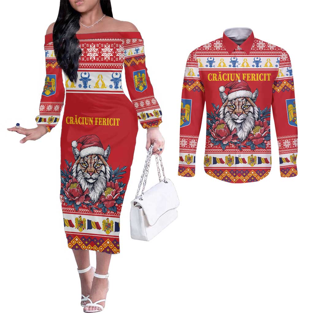 Personalized Romania Christmas Couples Matching Off The Shoulder Long Sleeve Dress and Long Sleeve Button Shirt Eurasian Lynx With Peony Flowers