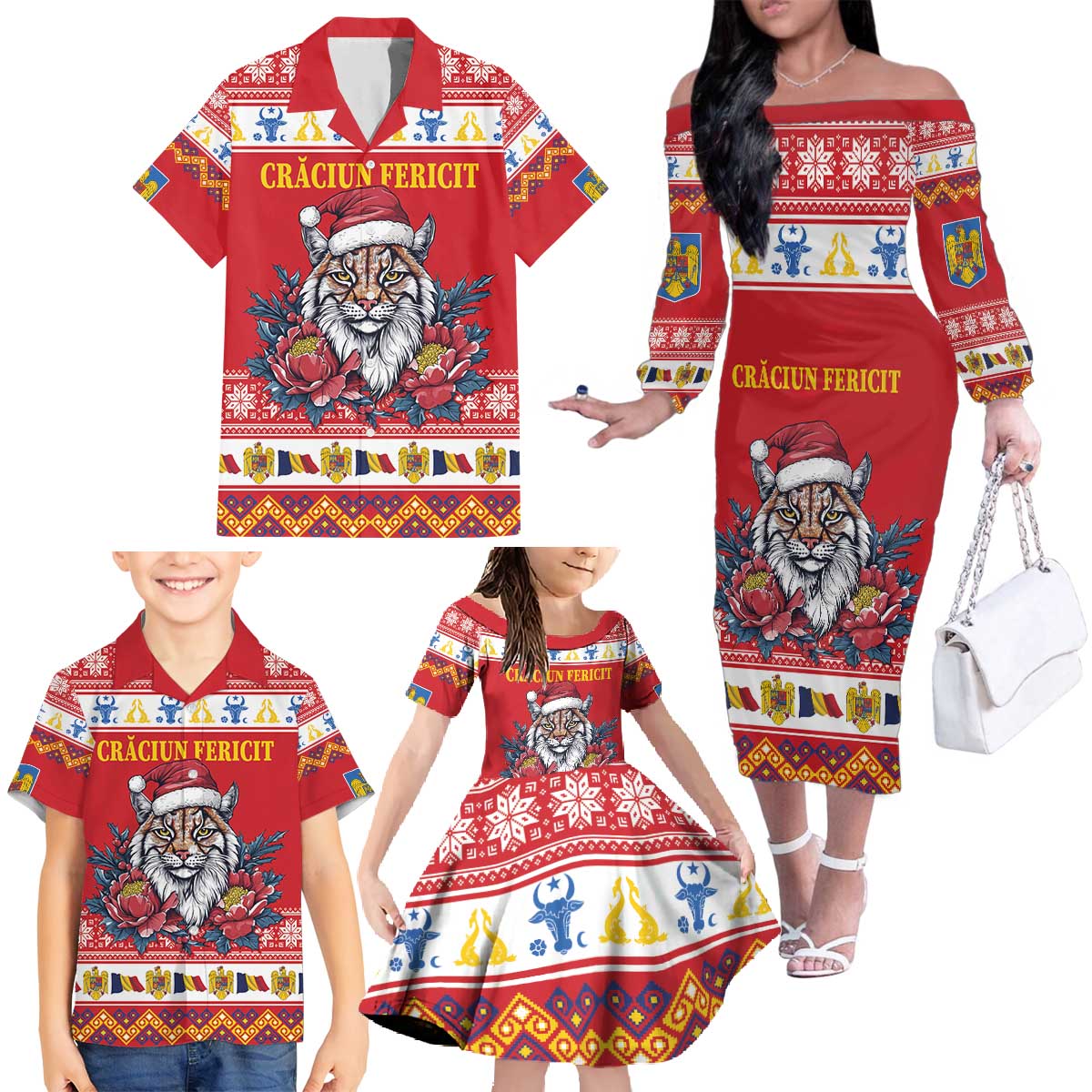 Personalized Romania Christmas Family Matching Off The Shoulder Long Sleeve Dress and Hawaiian Shirt Eurasian Lynx With Peony Flowers - Wonder Print Shop