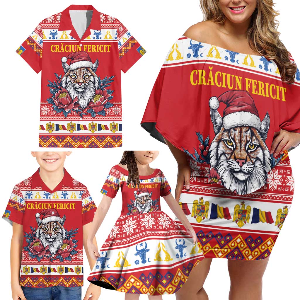 Personalized Romania Christmas Family Matching Off Shoulder Short Dress and Hawaiian Shirt Eurasian Lynx With Peony Flowers - Wonder Print Shop