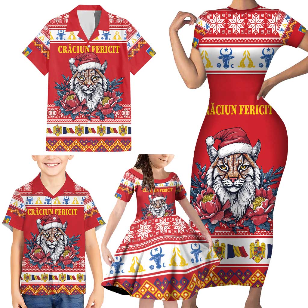 Personalized Romania Christmas Family Matching Short Sleeve Bodycon Dress and Hawaiian Shirt Eurasian Lynx With Peony Flowers - Wonder Print Shop