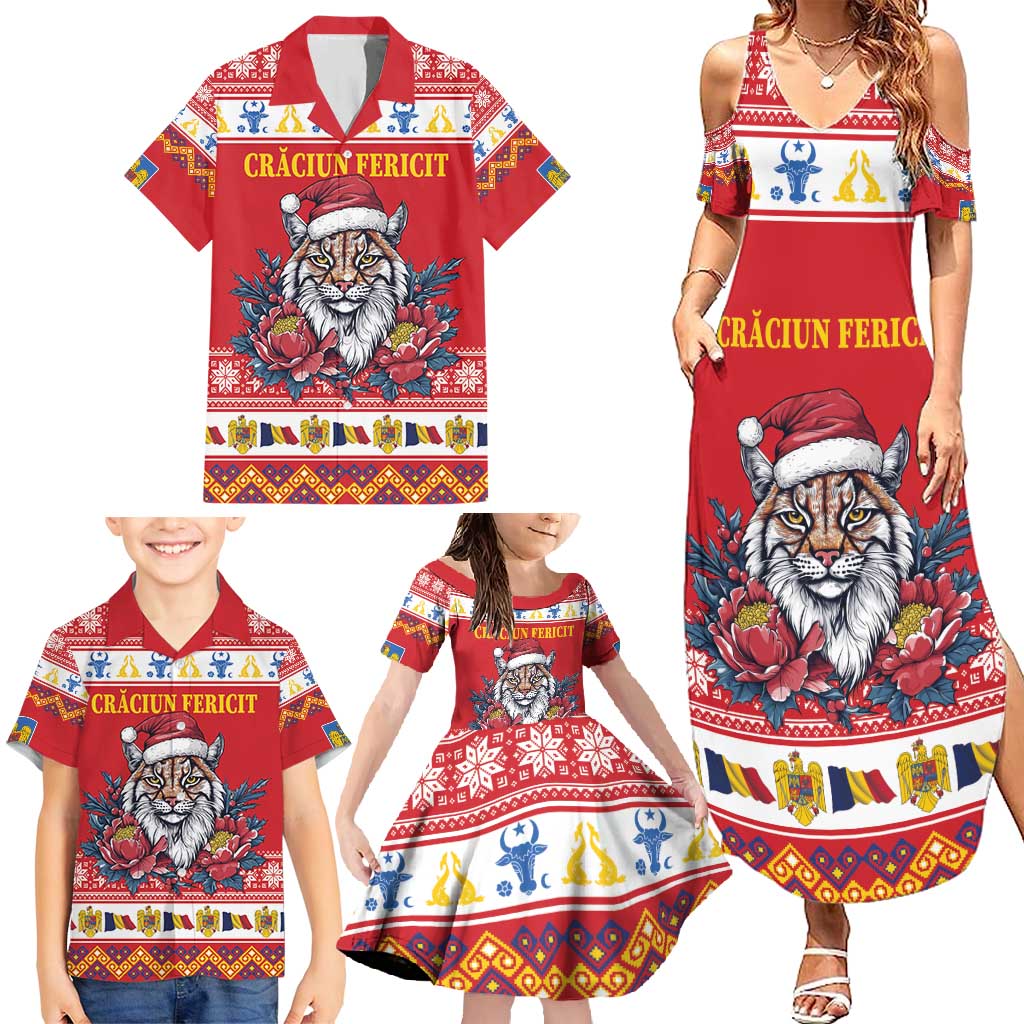 Personalized Romania Christmas Family Matching Summer Maxi Dress and Hawaiian Shirt Eurasian Lynx With Peony Flowers - Wonder Print Shop