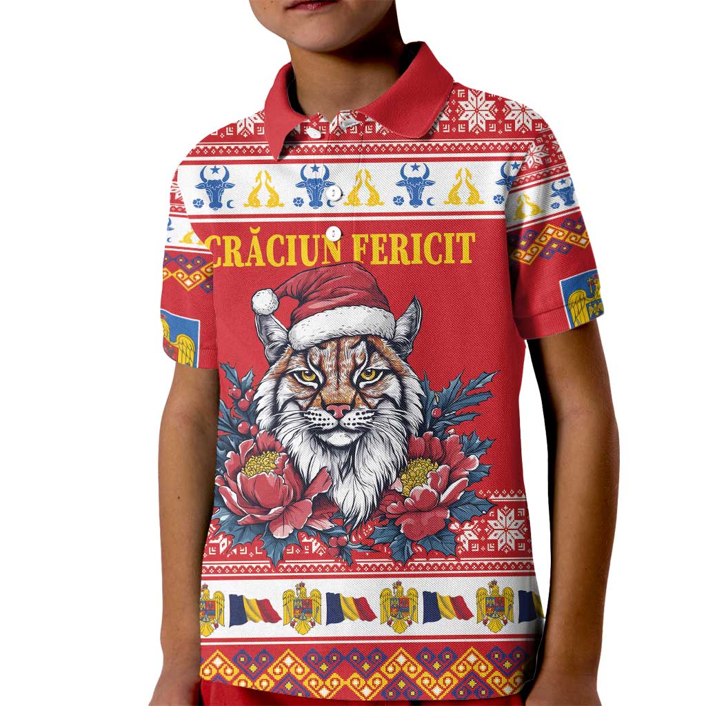 Personalized Romania Christmas Kid Polo Shirt Eurasian Lynx With Peony Flowers - Wonder Print Shop