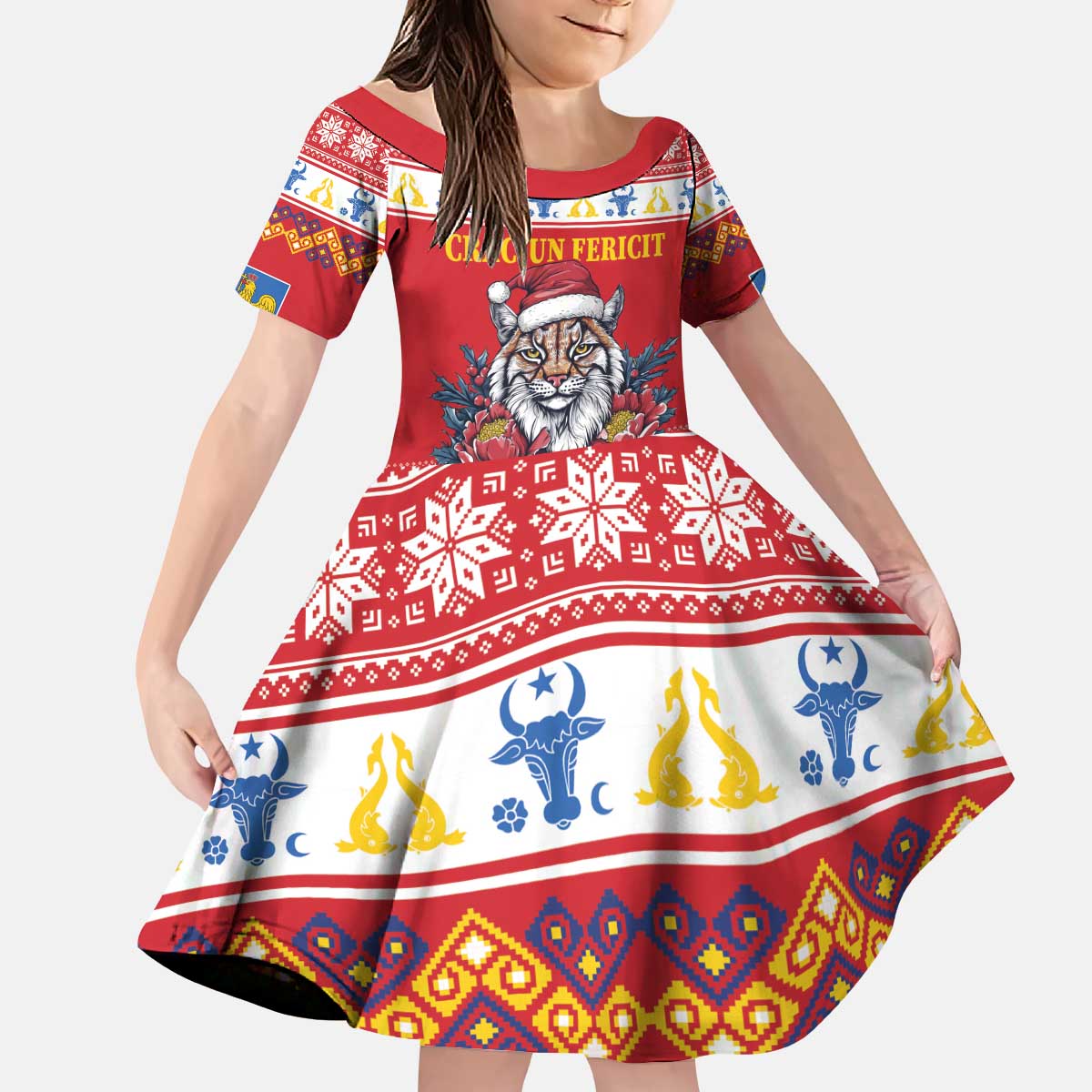 Personalized Romania Christmas Kid Short Sleeve Dress Eurasian Lynx With Peony Flowers - Wonder Print Shop