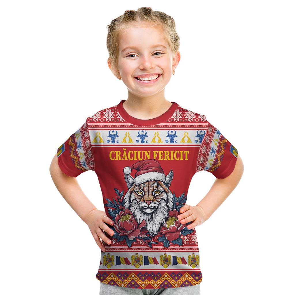 Personalized Romania Christmas Kid T Shirt Eurasian Lynx With Peony Flowers - Wonder Print Shop