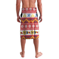 Red Christmas shorts with colorful stripe pattern, festive icons, and no visible front text