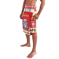Red Christmas shorts with colorful border stripes and cartoon lynx with peony flowers