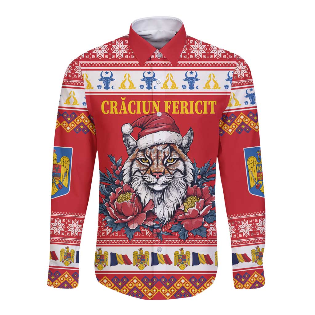 Red long sleeve button shirt with Christmas lynx and peony floral print