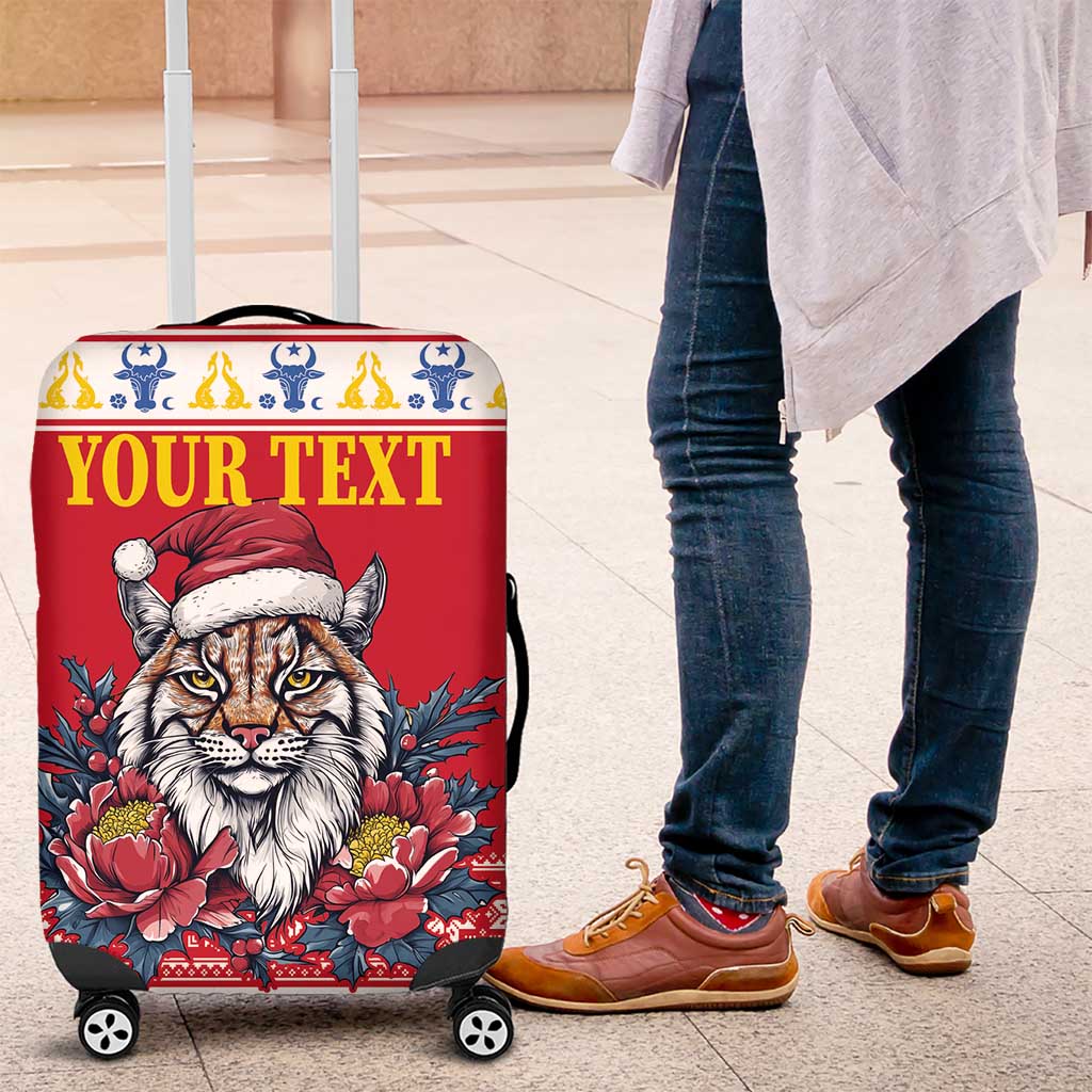 Personalized Romania Christmas Luggage Cover Eurasian Lynx With Peony Flowers