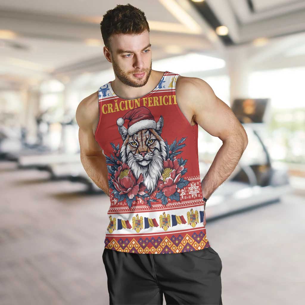 Personalized Romania Christmas Men Tank Top Eurasian Lynx With Peony Flowers - Wonder Print Shop