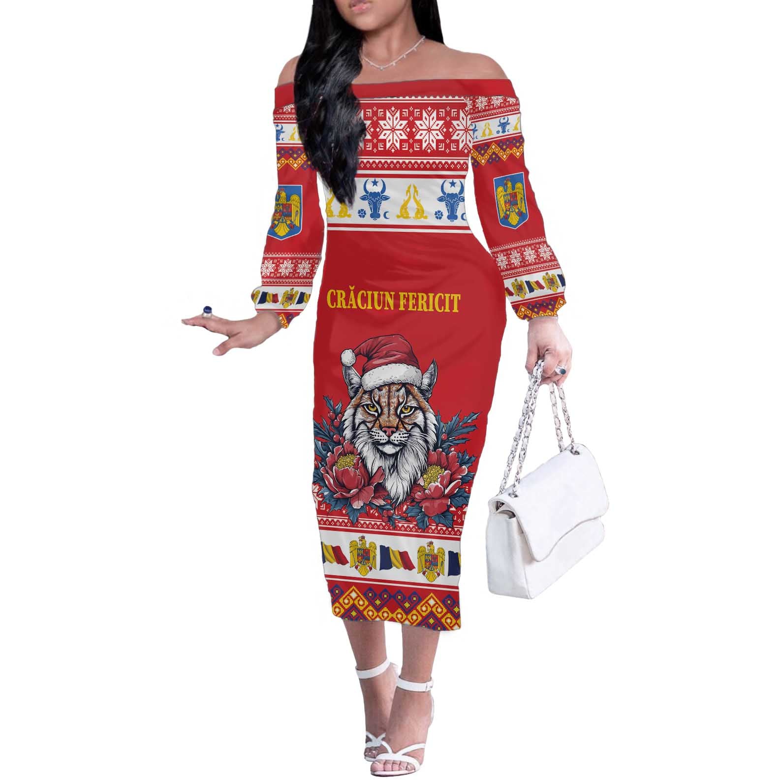 Personalized Romania Christmas Off The Shoulder Long Sleeve Dress Eurasian Lynx With Peony Flowers - Wonder Print Shop