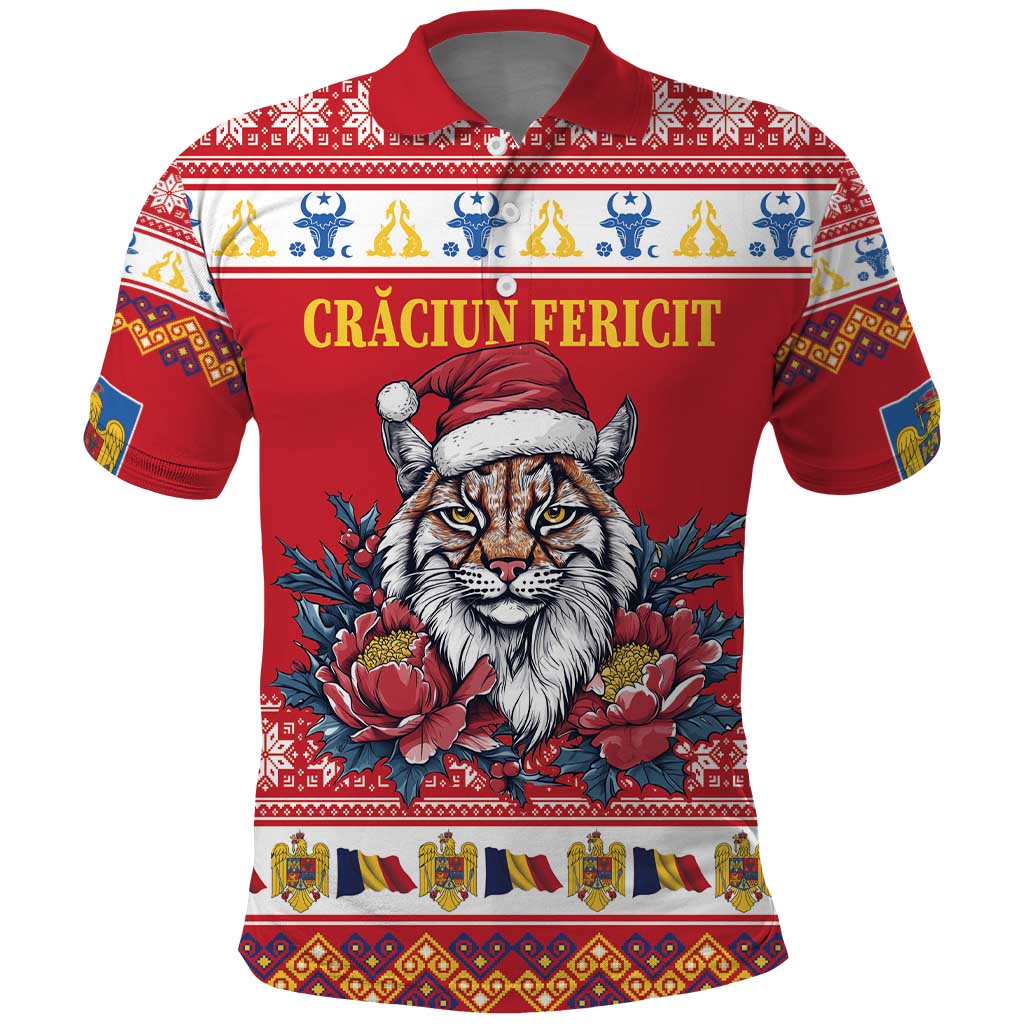 Personalized Romania Christmas Polo Shirt Eurasian Lynx With Peony Flowers