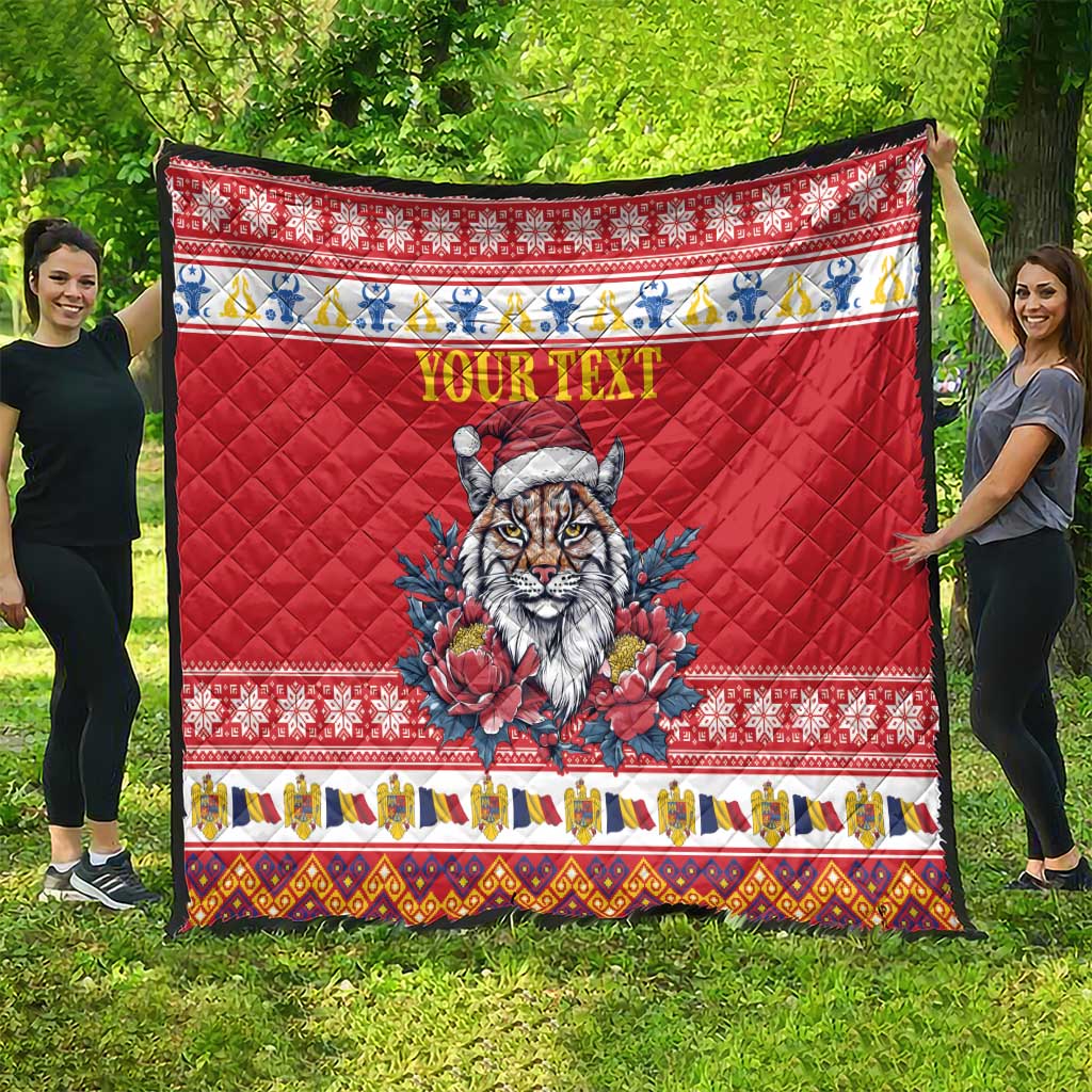 Red quilt blanket spread outdoors with Eurasian lynx in Santa hat, flowers, and 'YOUR TEXT'