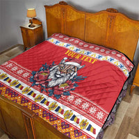 Red bed quilt blanket with Eurasian lynx in Santa hat, floral band, and 'YOUR TEXT'
