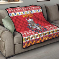Red quilt throw on sofa with Eurasian lynx in Santa hat, floral border, and 'YOUR TEXT'