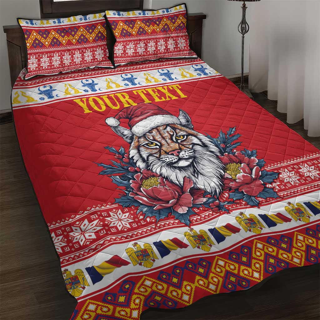 Personalized Romania Christmas Quilt Bed Set Eurasian Lynx With Peony Flowers - Wonder Print Shop