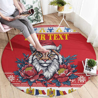 Red round Christmas rug with lynx face, peony flowers, and 'Your Text' across center