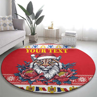 Red round Christmas rug with lynx face wearing hat, peony flowers, and 'Your Text' across