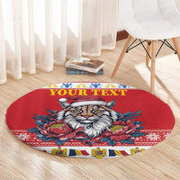 Red round Christmas rug with lynx face and peony flowers; 'Your Text' printed on center