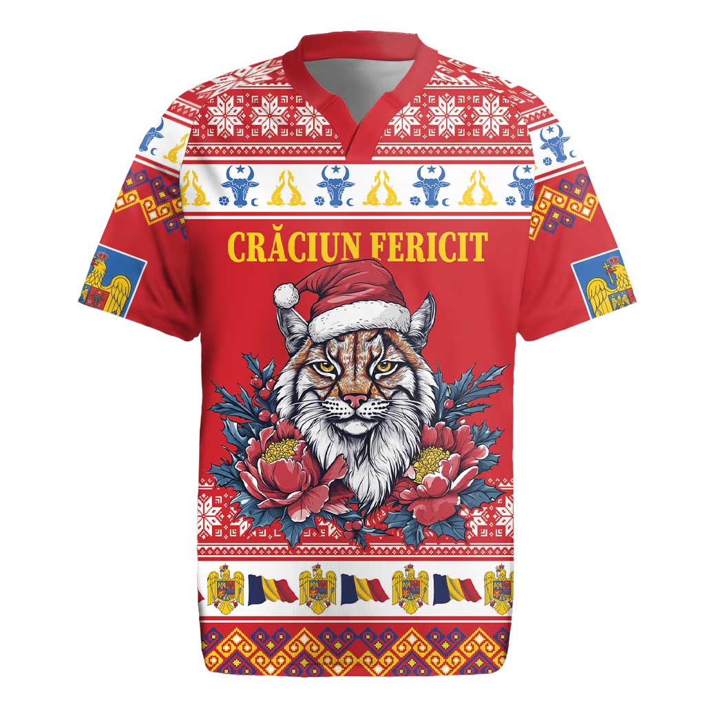 Personalized Romania Christmas Rugby Jersey Eurasian Lynx With Peony Flowers - Wonder Print Shop