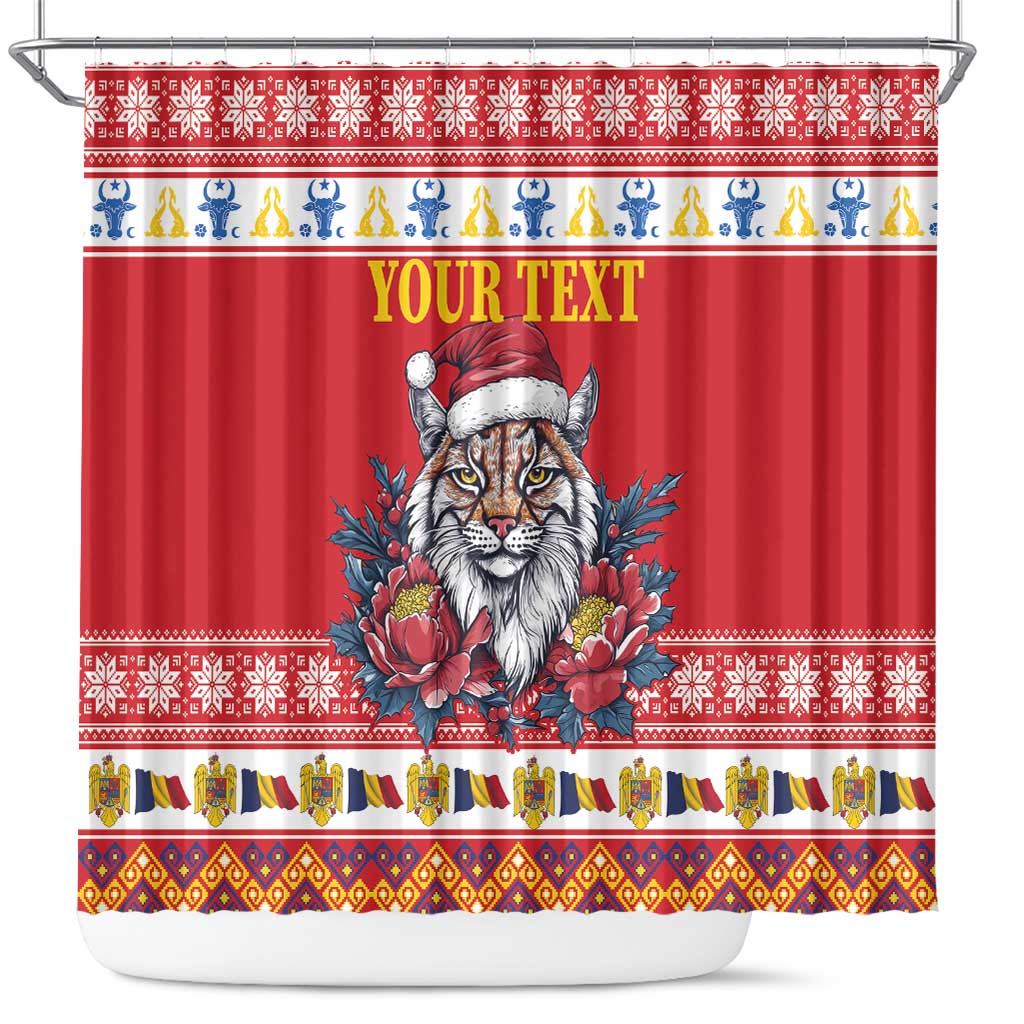 Personalized Romania Christmas Shower Curtain Eurasian Lynx With Peony Flowers