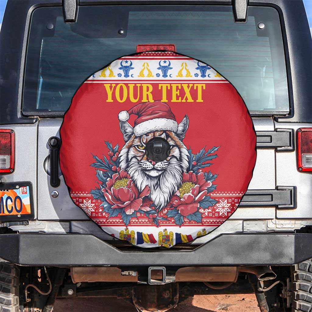 Personalized Romania Christmas Spare Tire Cover Eurasian Lynx With Peony Flowers - Wonder Print Shop