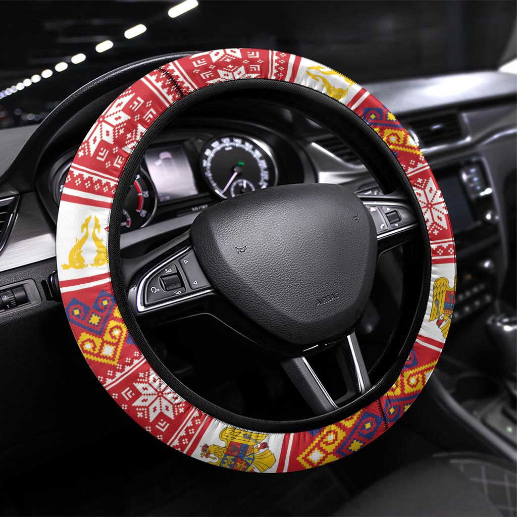 Romania Christmas Steering Wheel Cover Eurasian Lynx With Peony Flowers - Wonder Print Shop