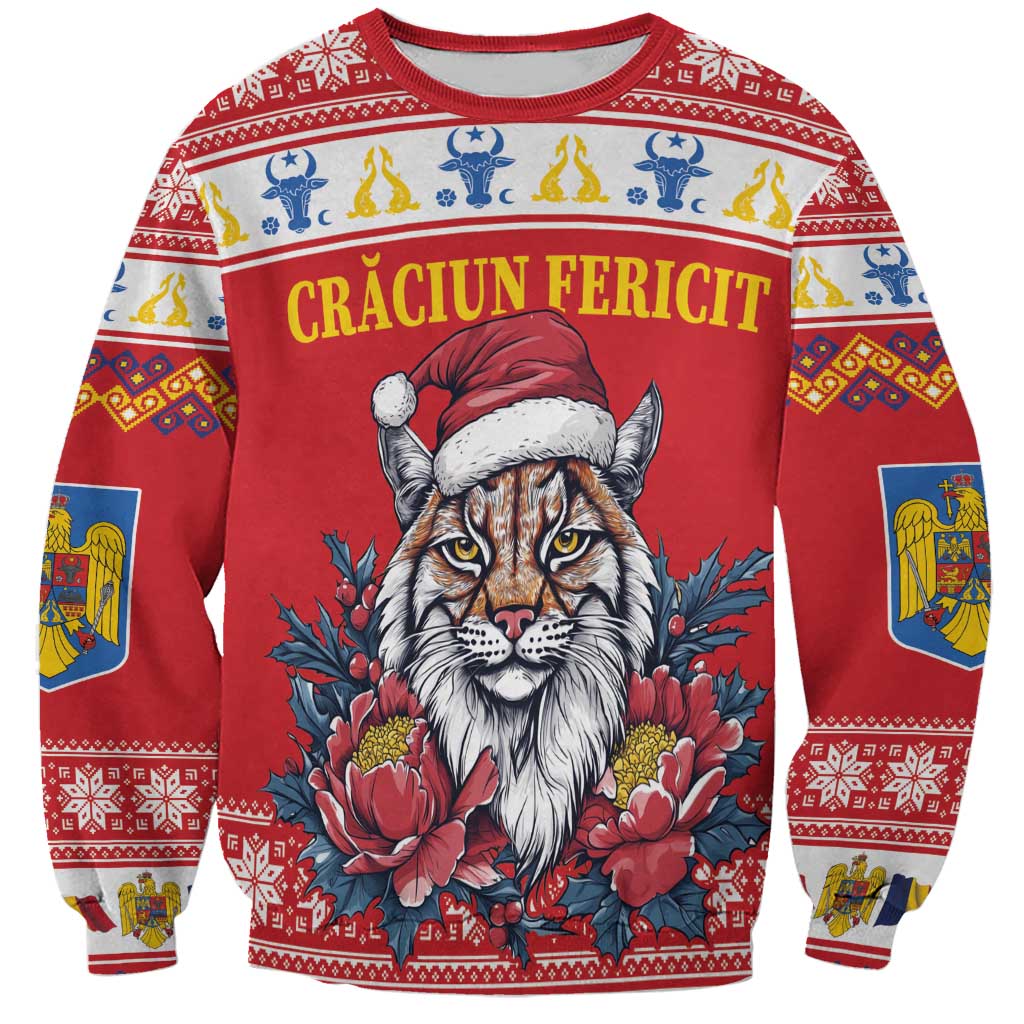 Red crewneck sweatshirt with holiday lynx graphic, floral accents, and patterned trim